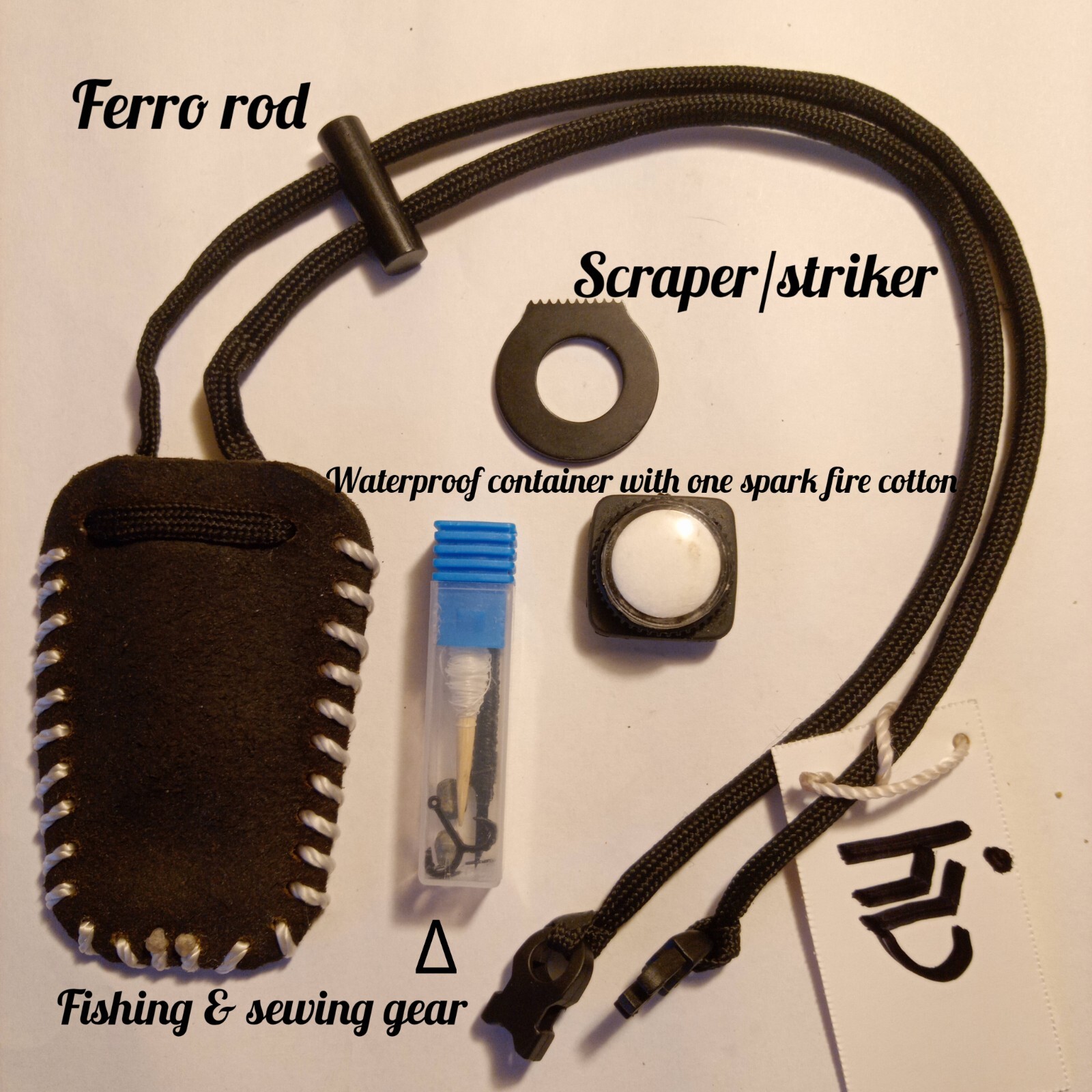 FIRE STARTER MINIMALIST LEATHER POUCH EDC SURVIVAL TOOLS FISHING GEAR & COMPASS