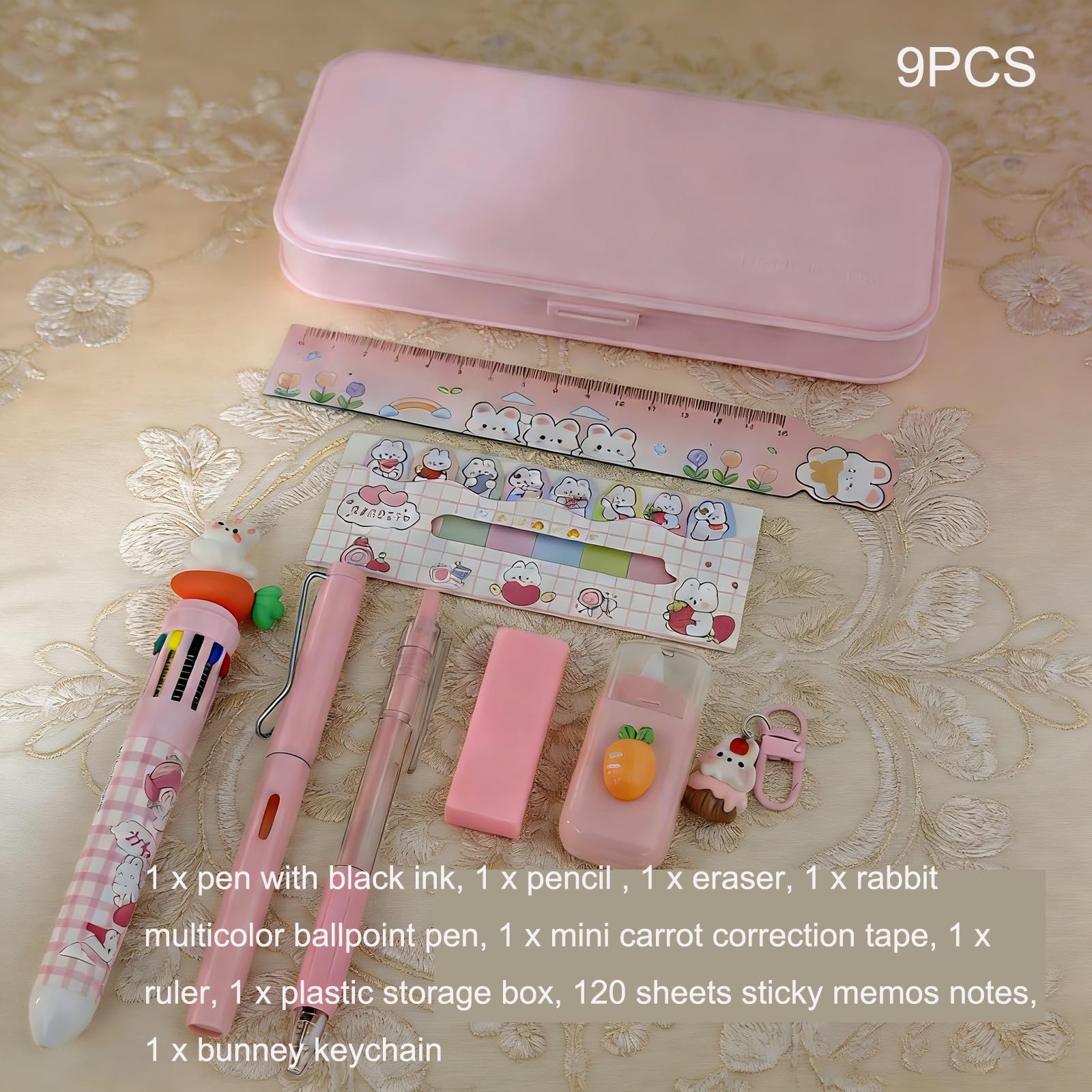 9 Pcs Cute Pink Stationery Set Carrot Rabbit Kawaii Office Supplies Including…