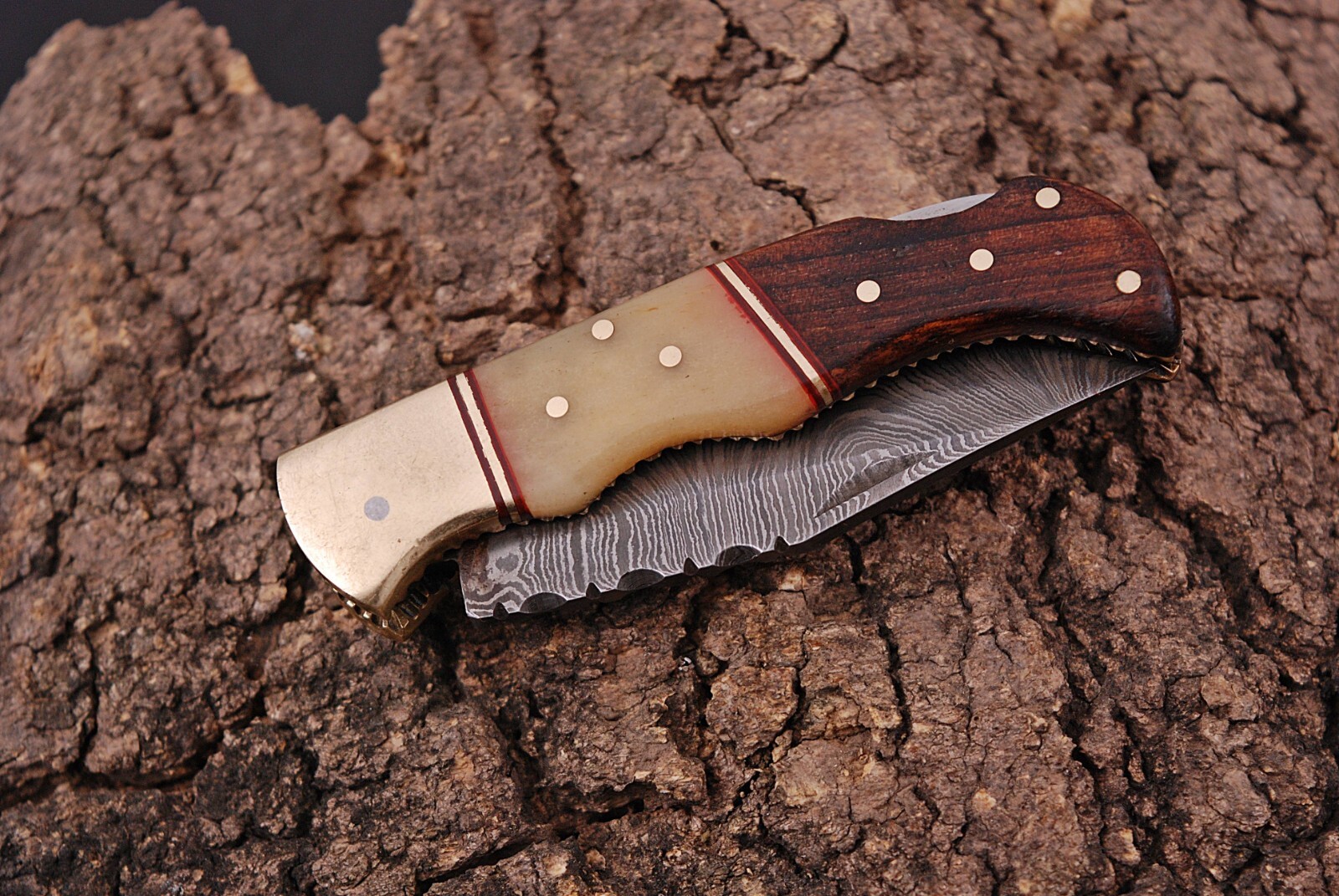 HANDMADE FOLDING BLADE POCKET KNIFE CAMEL BONE & WOOD HANDLE BRASS BOLSTER X422