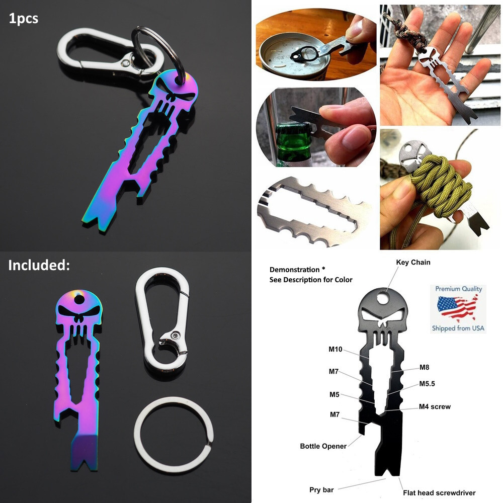 Skull Keychain Crowbar Screwdriver Hex Wrench Carabiner Clip Opener EDC – Neon