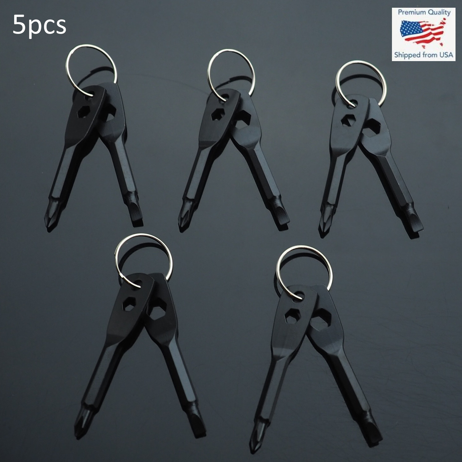 5pcs – Screwdriver Keychain Set EDC Pocket Tool Hex Nut Wrench Key Ring – Black