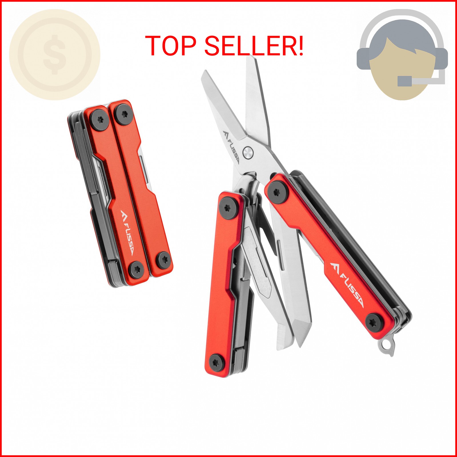 FLISSA Multitool Scissors, 11-in-1 Multi Tool Pocket Knife, Stainless Steel Mini
