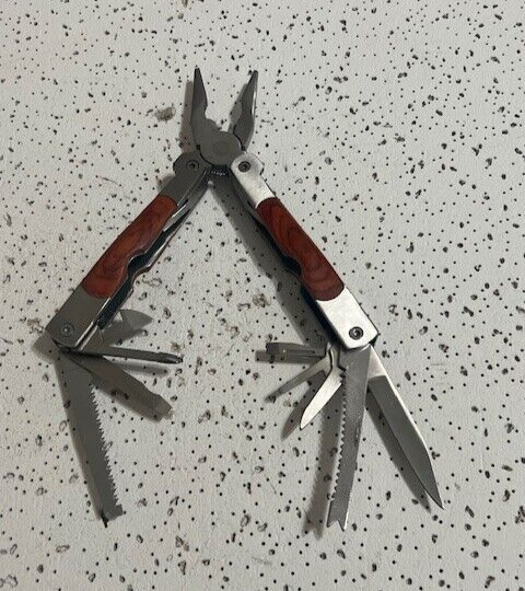 NRA Multi-Tool 4.5” Pliers ,Knives , Can Opener , Ruler and Saw Wood Handle—