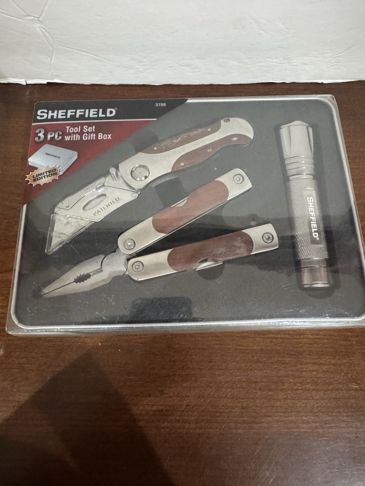 NEW Sheffield 3 Pc Tool Set With Tin Box Multi Tool Utility Knife Flashlight