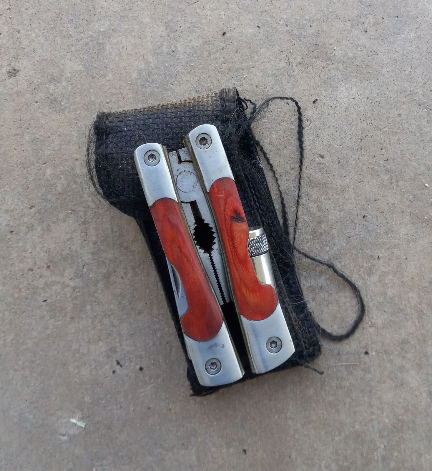 Vintage Stainless-Steel Multi-Tool with Wood Handles & Nylon Pouch