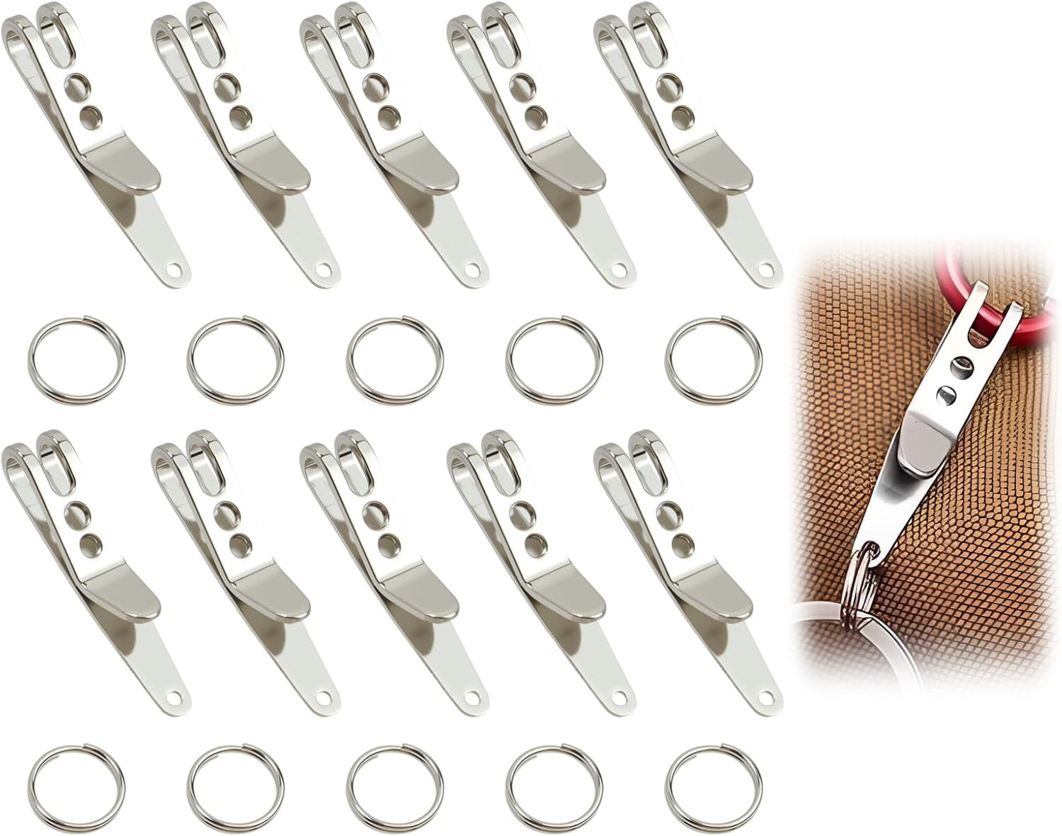 10PC Deep Carry Pocket Clip Set, Heavy – Duty Stainless Steel for EDC Gear, Keys
