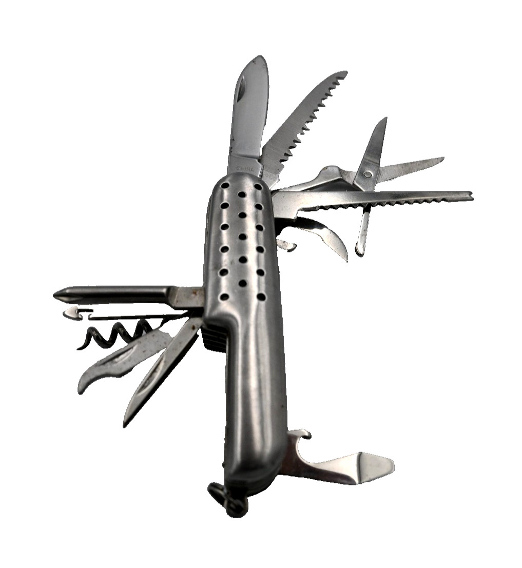 Winchester 3″ Multi-Tool Pocket Knife Perforated Silver Handle Saw Scissors EX