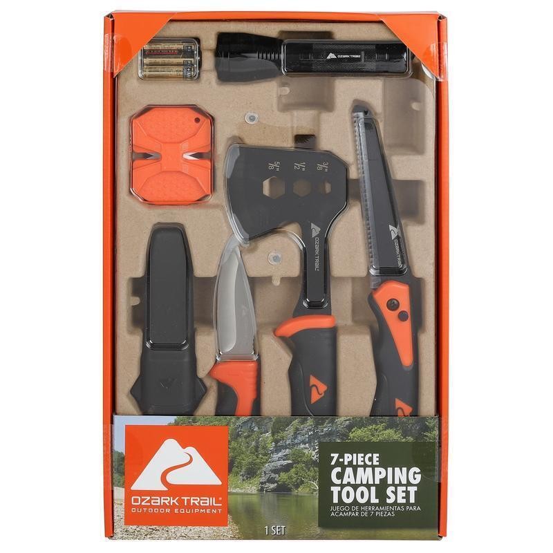 7-Piece Camping Tool Set Hammer Axe Flashlight Knives Battery Included New