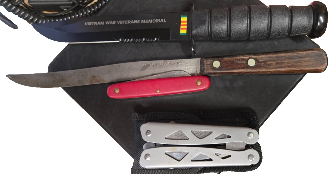 lot of 3 knifes and leatherman style tool Flint usa 8 in wood handle