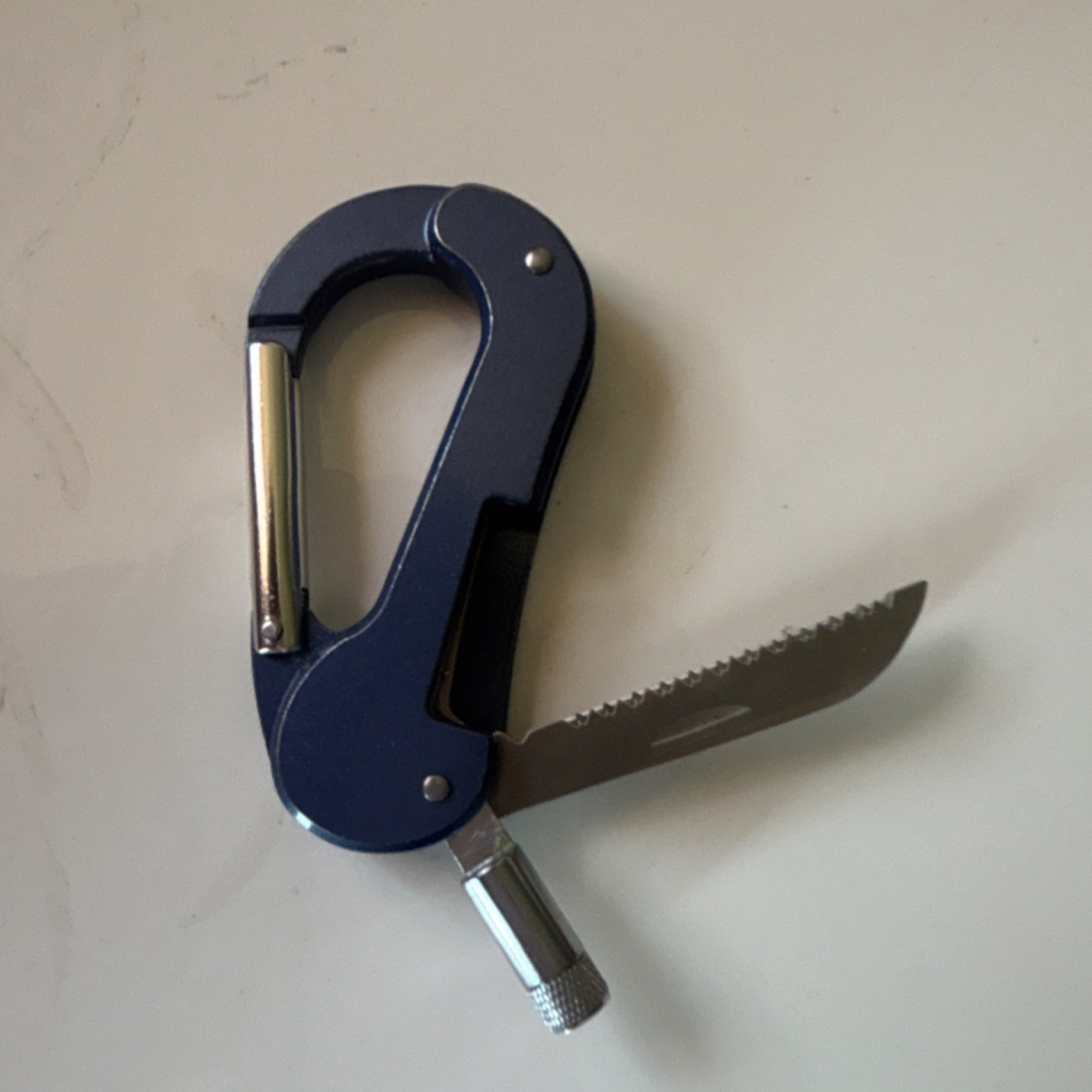 Boeing Carabiner Multi-Tool Knife & Saw, 2in Part Serrated Blue/Silver