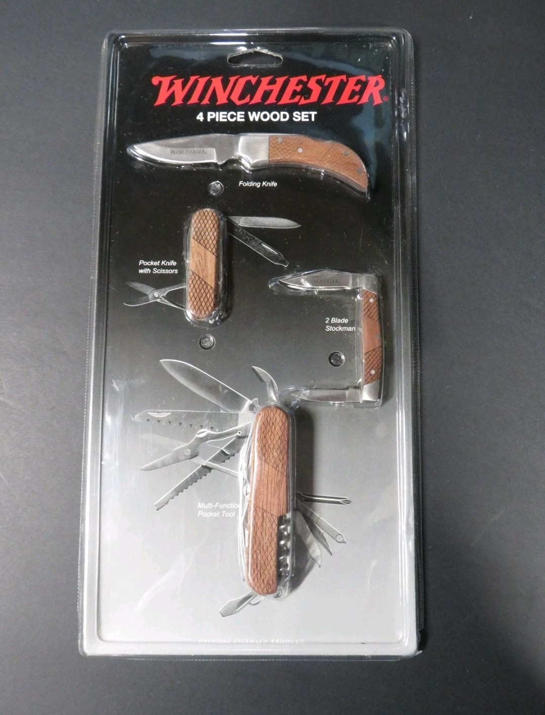 Winchester 4 Piece Wood Handle Pocket Knife / Scissors / Multi Tool Set NOS 2009