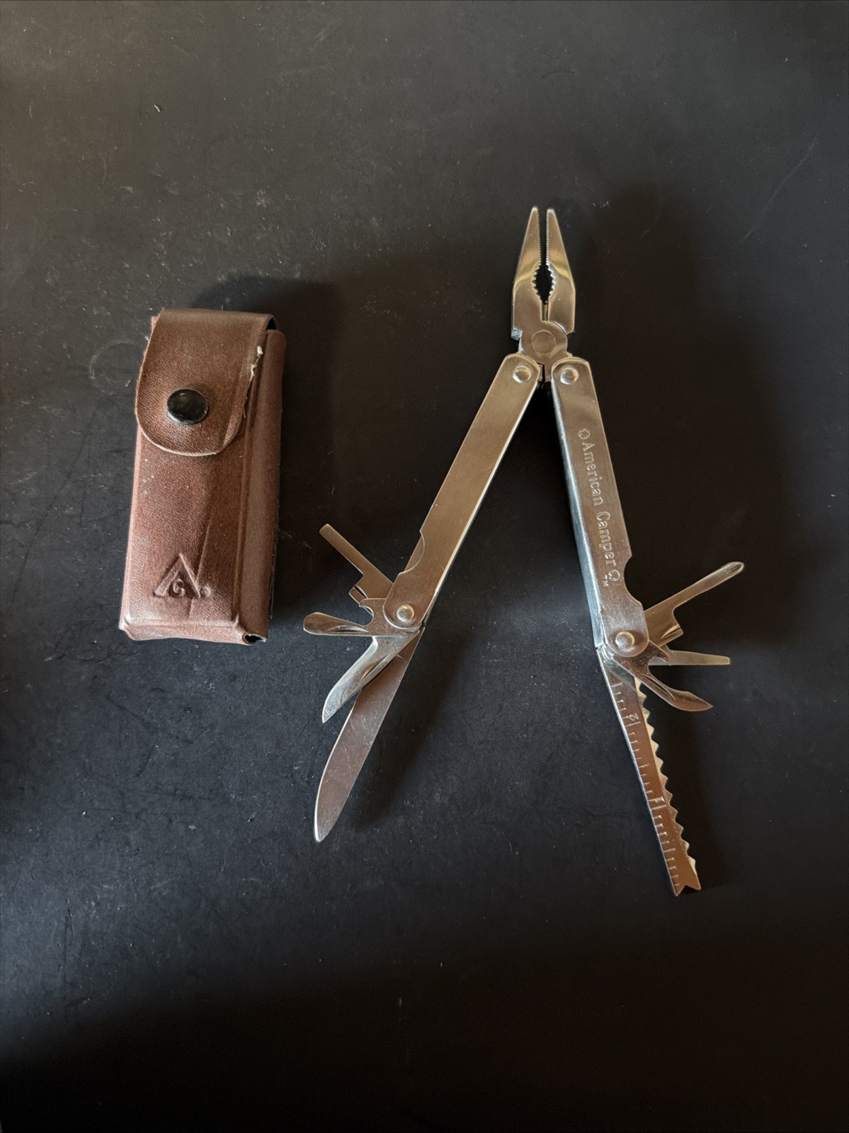 VTG American Camper Stainless Steel Multi Tool Foldable W Brown Belt Case Sheath