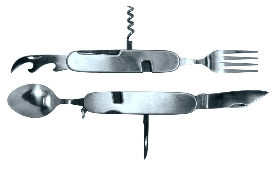 Hobo Camping Pocket Knife Fork & Spoon Can & Bottle Opener Cork Screw Utensil