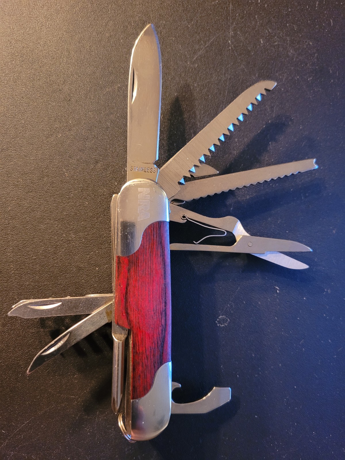 NEW NRA 11-in-1 Multi-Tool Pocket Knife w/ Wooden Inlay – Stainless Steel
