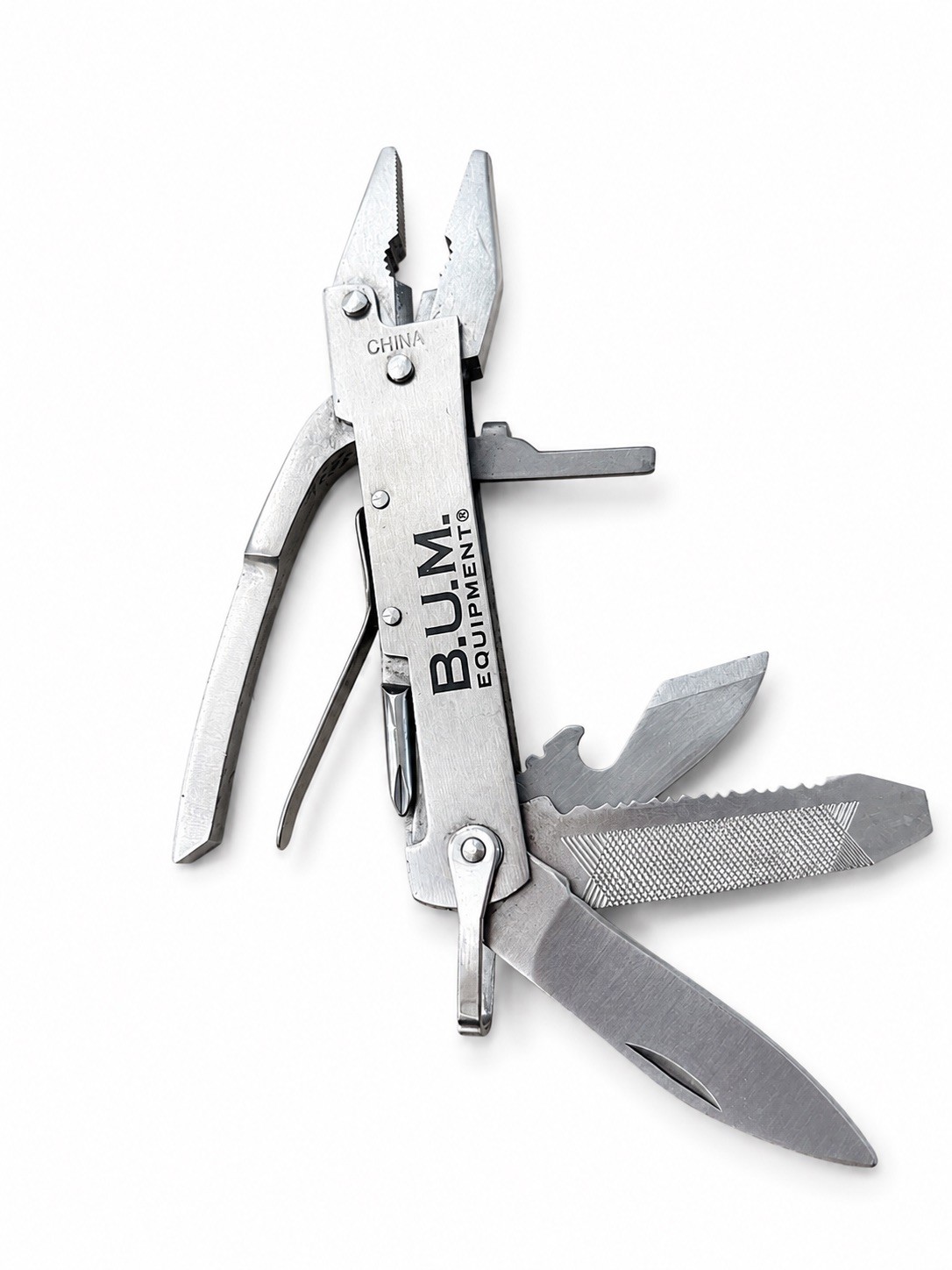 Vintage B.U.M. Equipment Multi-Tool Folding Pliers Pocket Knife w/ Nylon Sheath