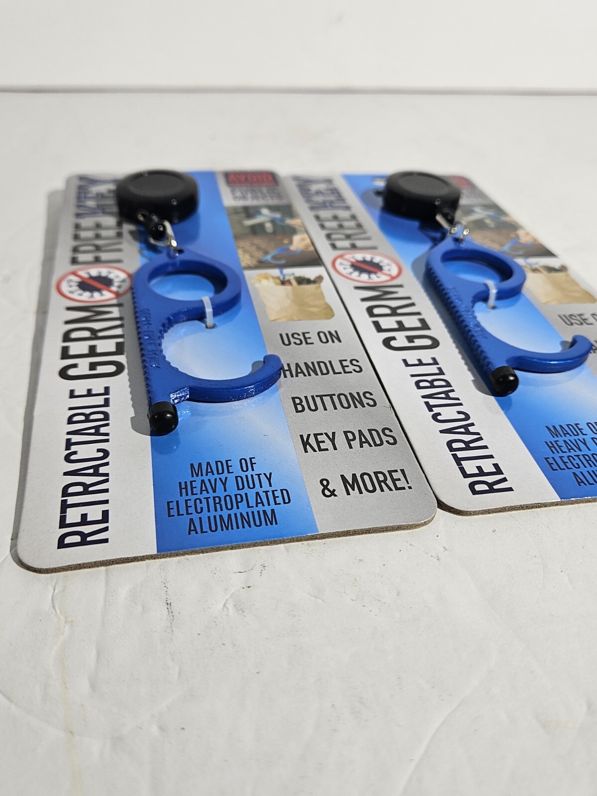 2 Pack of BLUE Retractable ALUMINUM Keychain Muti Tool Germ Free KEY MULTI TOOL