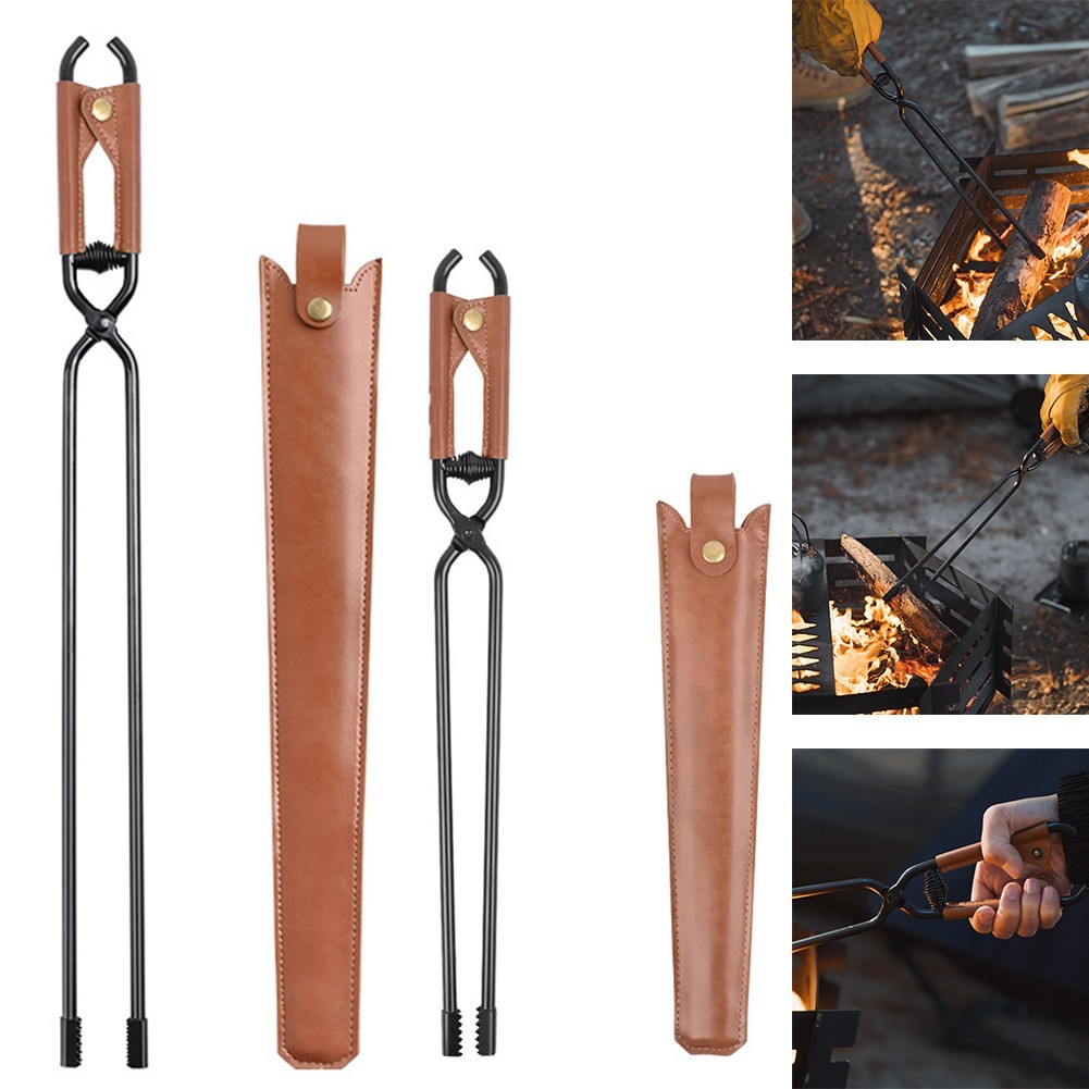 High Strength Fire Tongs for Campsite Cooking with Leather Wrapped Handle