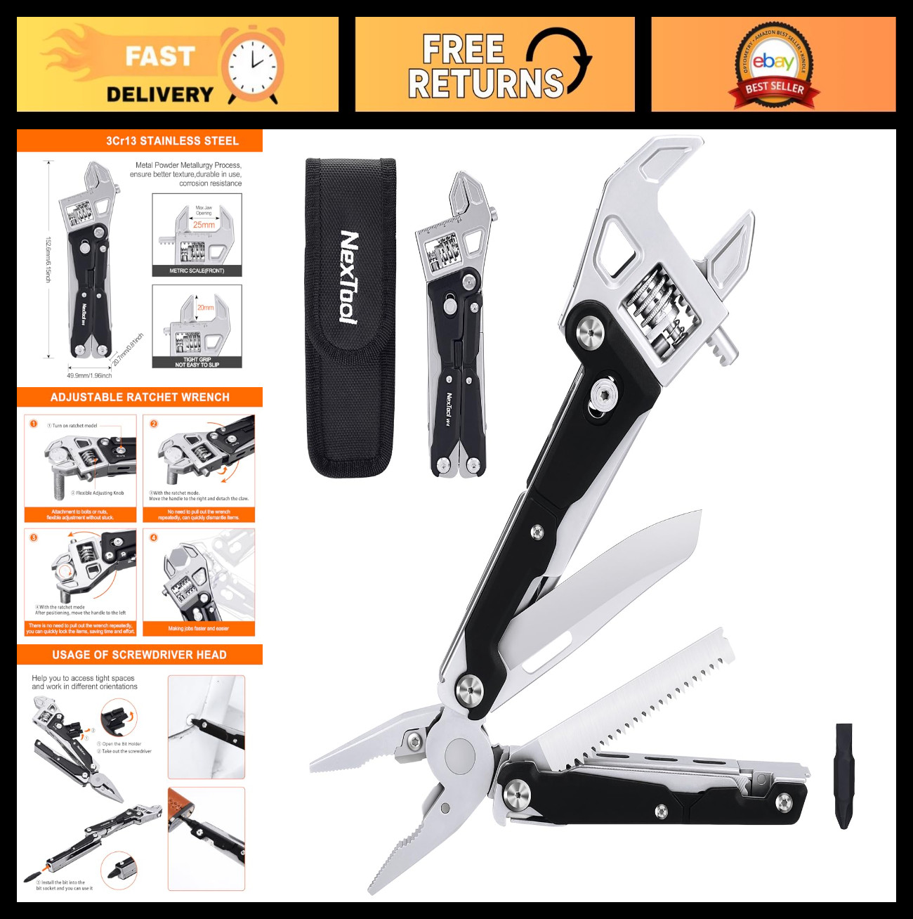 11-in-1 Adjustable Ratchet Wrench Multitool, Foldable EDC Tool with Pliers, Knif