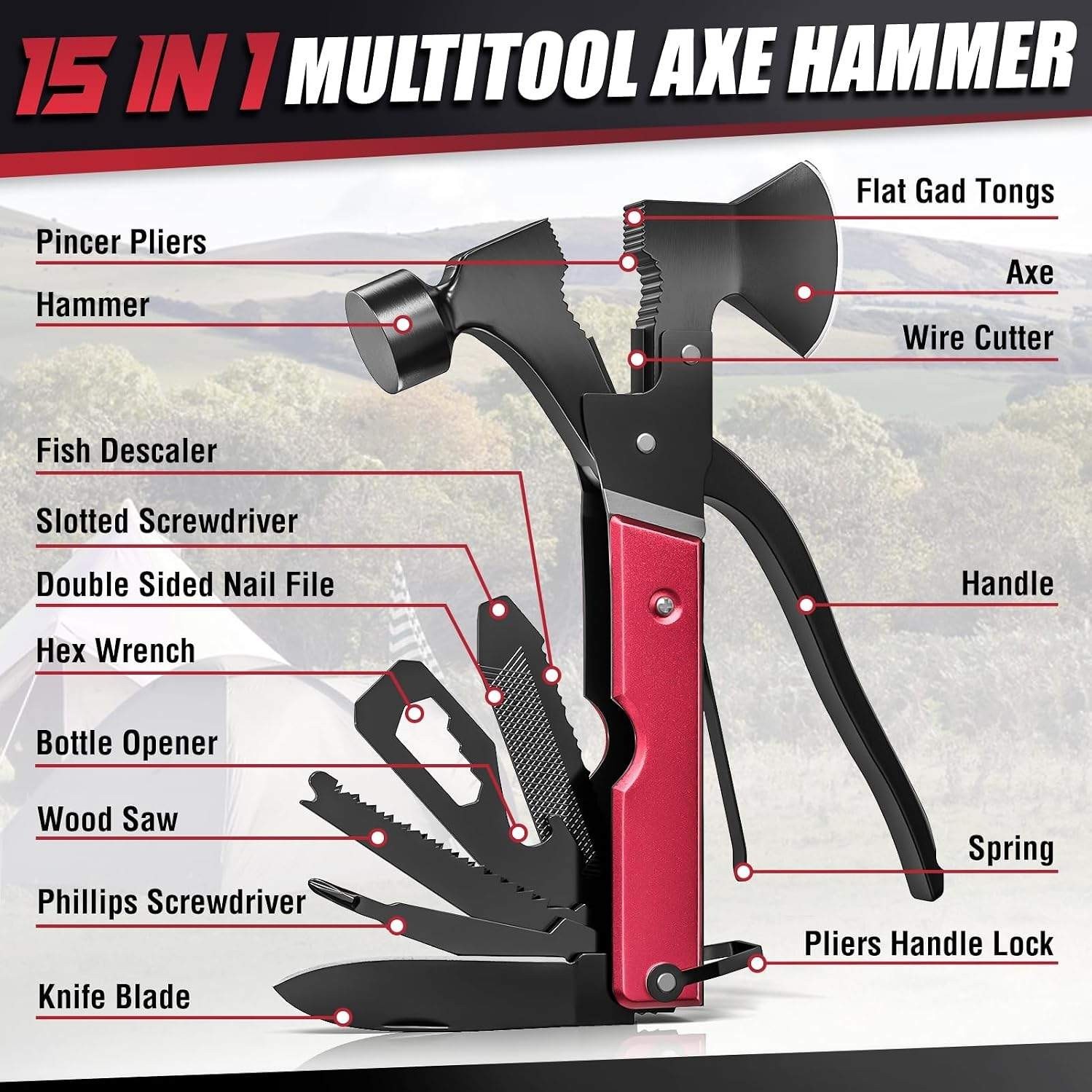 15 in 1 Multitool Axe Hatchet, Camping Accessories Survival Gear, Multi Tool