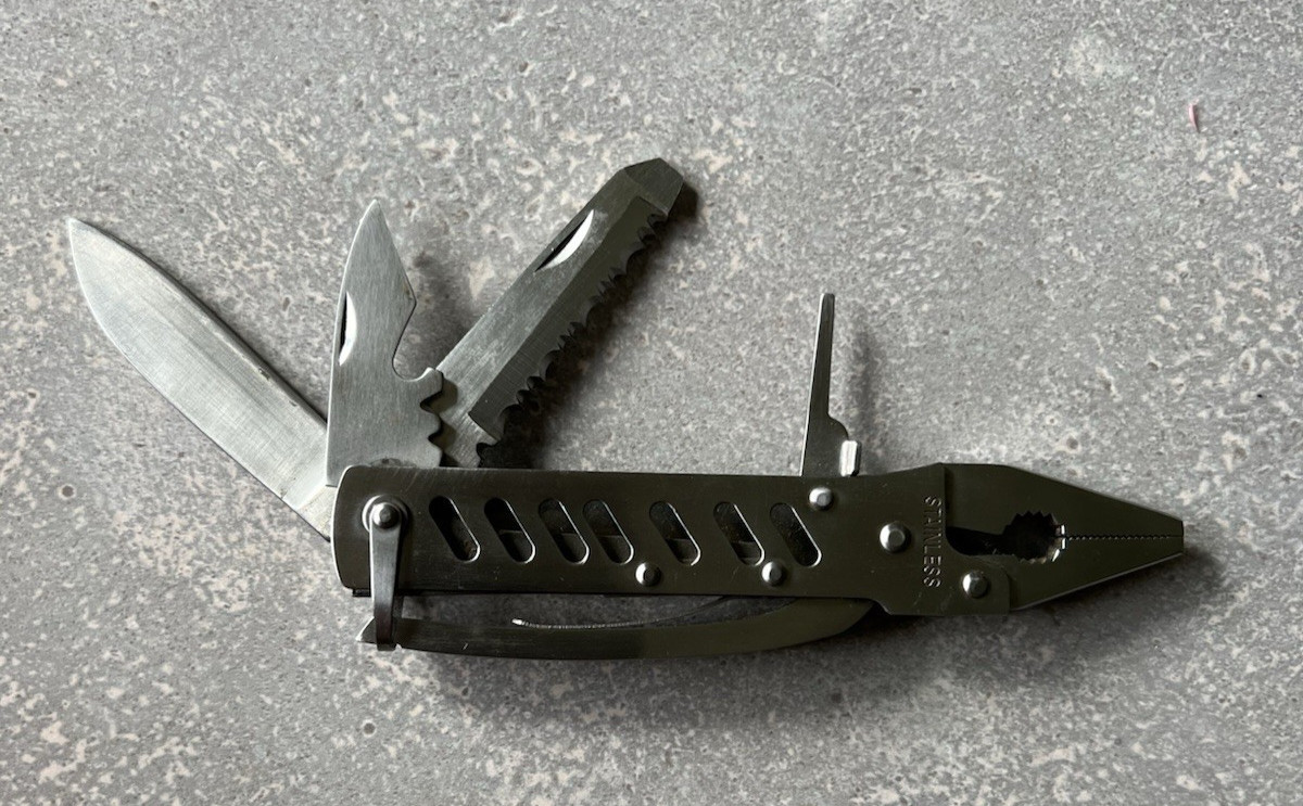 Vintage Unique Multitool W/case (Spring, Assist Pliers , Blade, Opener, Saw, &