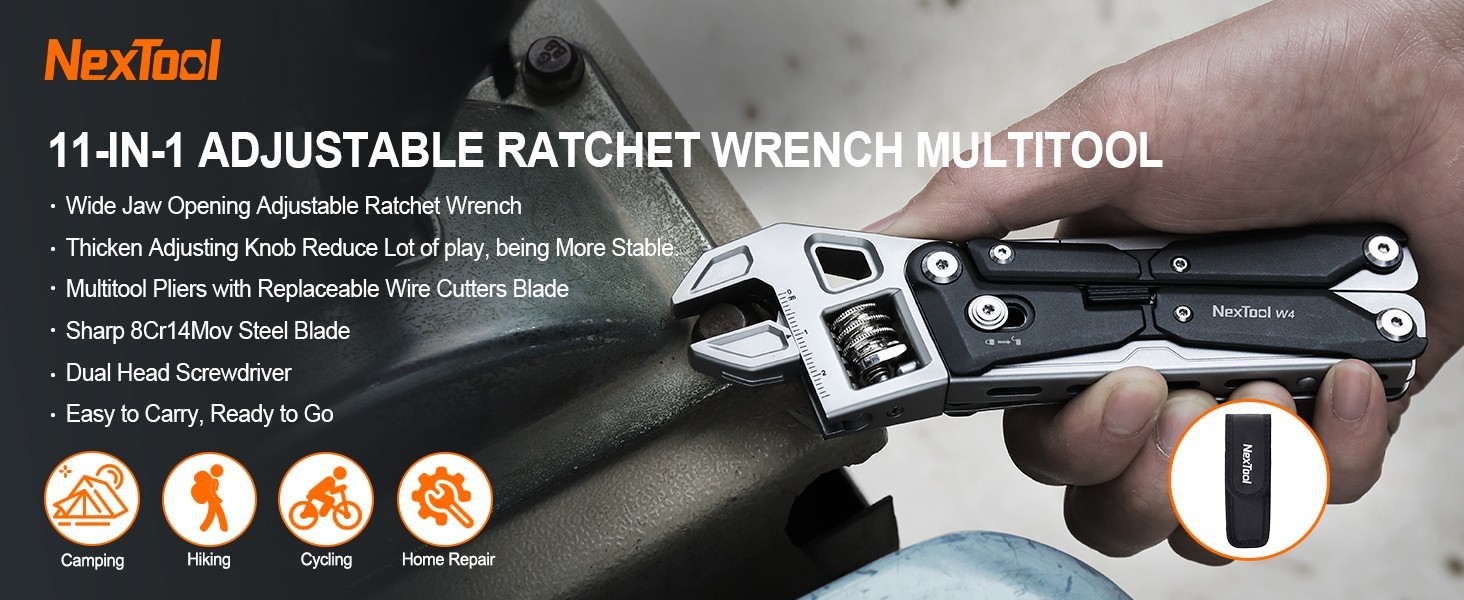 11-in-1 Adjustable Ratchet Wrench Multitool, Foldable EDC Tool with Pliers, Knif