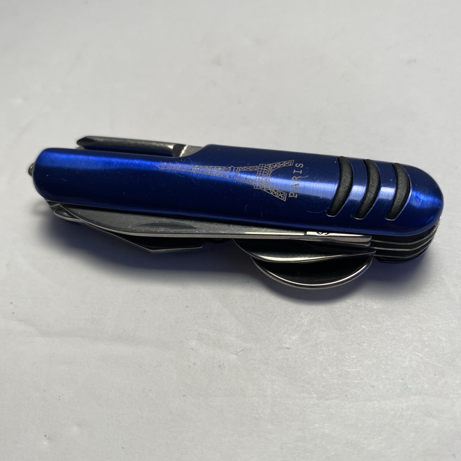 Eiffel Tower Paris Multi Tool SAK Blue Plastic Handle Spoon Fork Knife Corkscrew