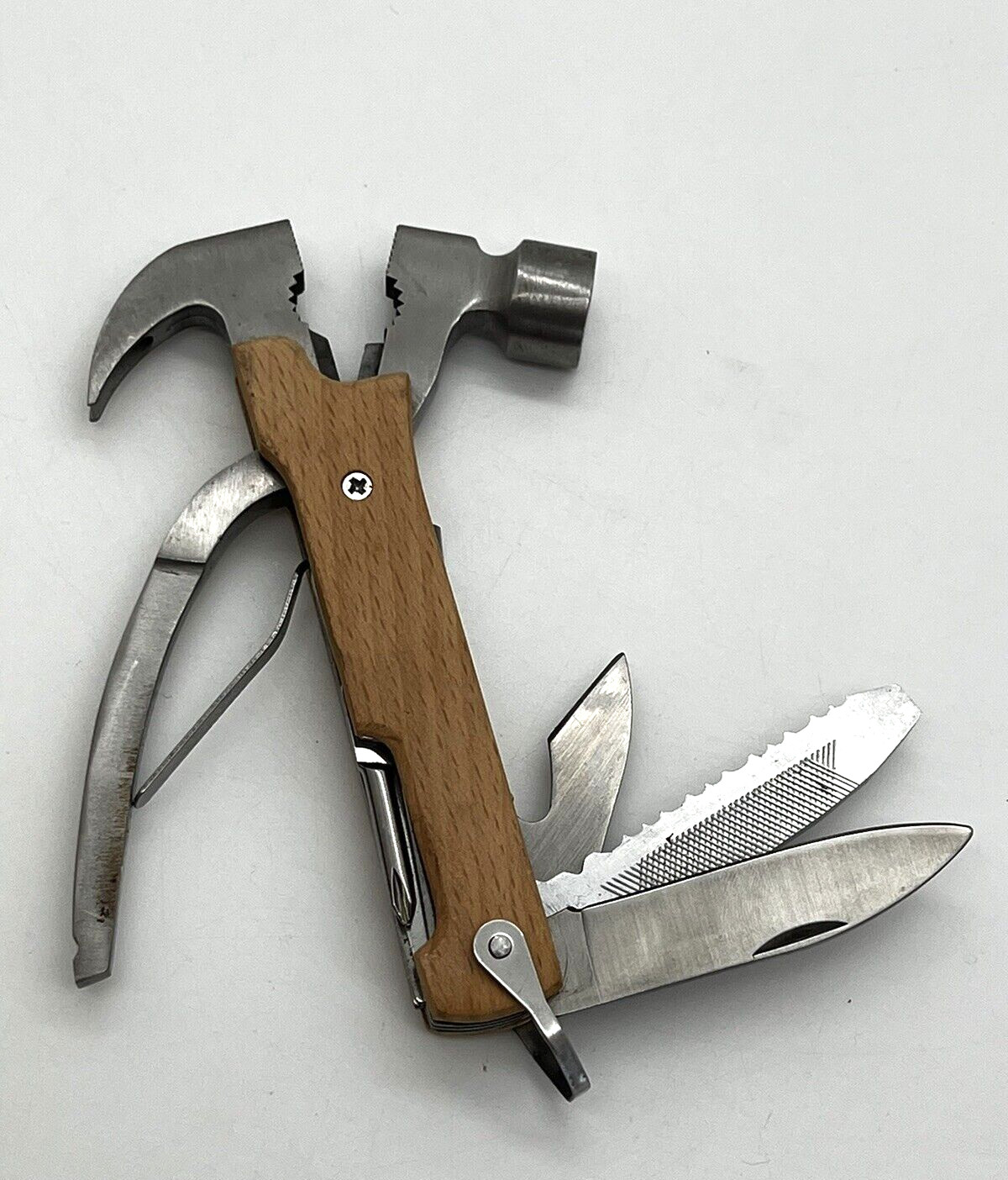 Kikkerland Hammer Multi Tool – Wooden Grips – knives, pliers, screwdriver, saw +