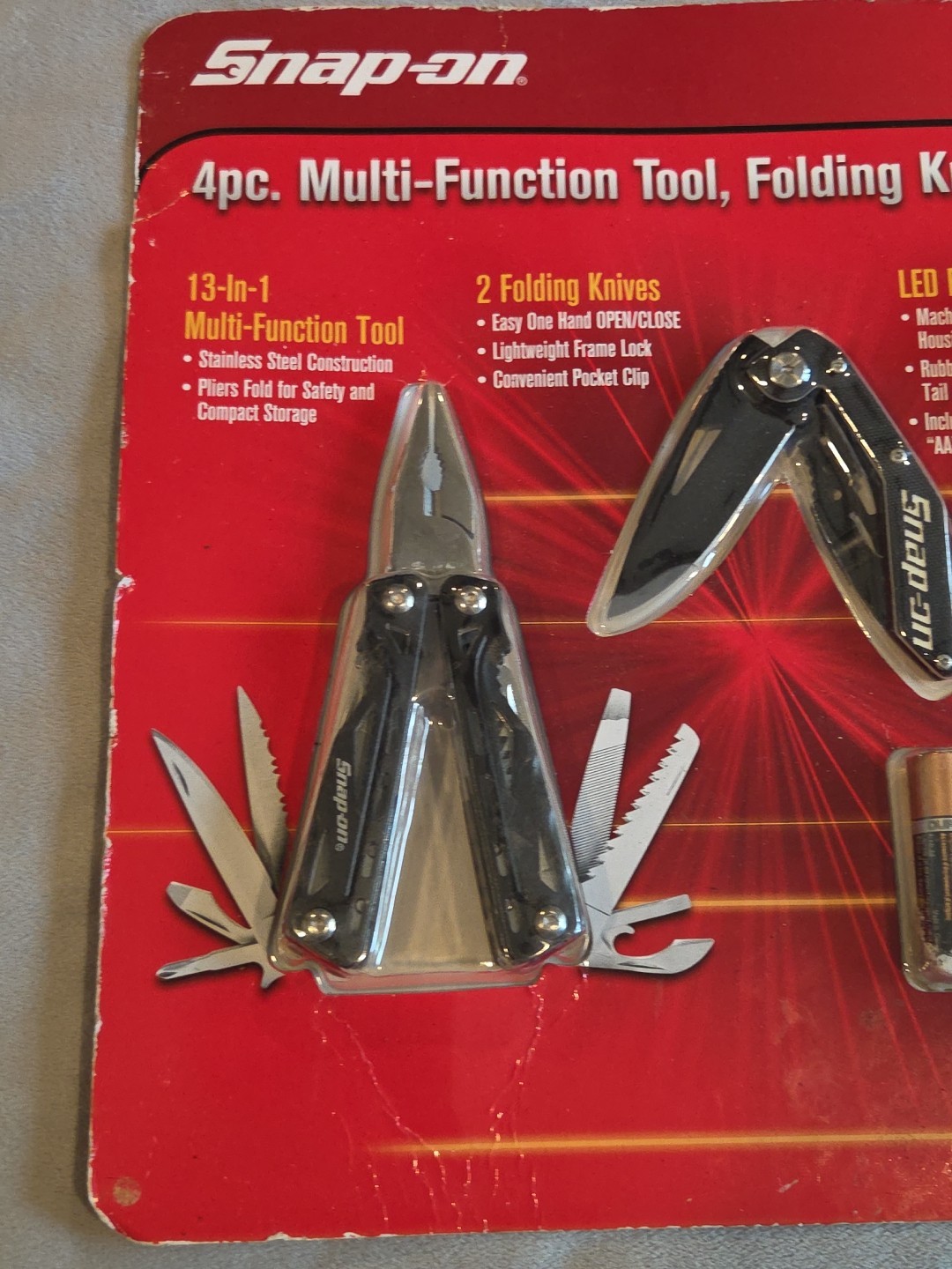 4-Piece Snap-On Multi Tool Set with 2 Knives, Flashlight, & 13 In 1 Multi Tool