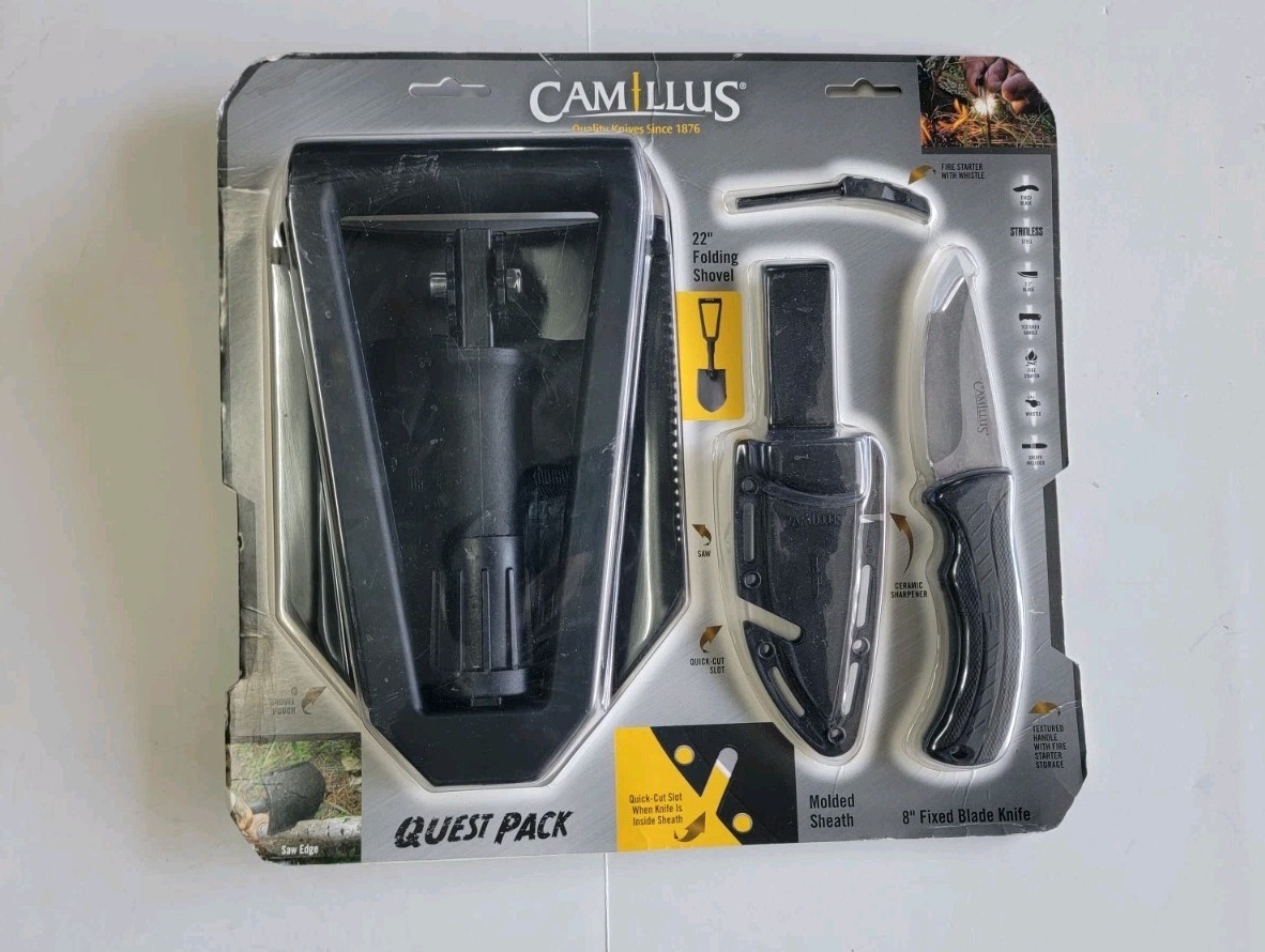 CAMILLUS QUEST PACK W/22” SHOVEL-8” KNIFE W/SHEATH-FIRE STARTER-WHISTLE NIP