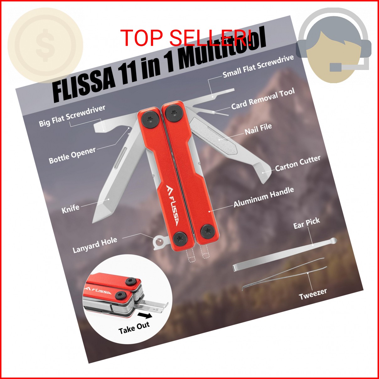 FLISSA Multitool Scissors, 11-in-1 Multi Tool Pocket Knife, Stainless Steel Mini