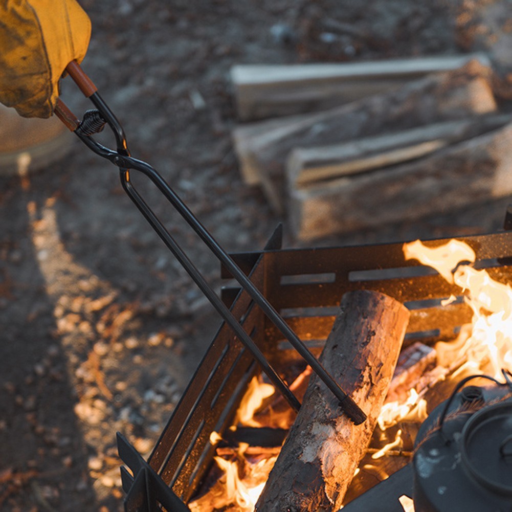 Fire Tongs for Safe Grilling and Camping with Comfortable Leather Grip