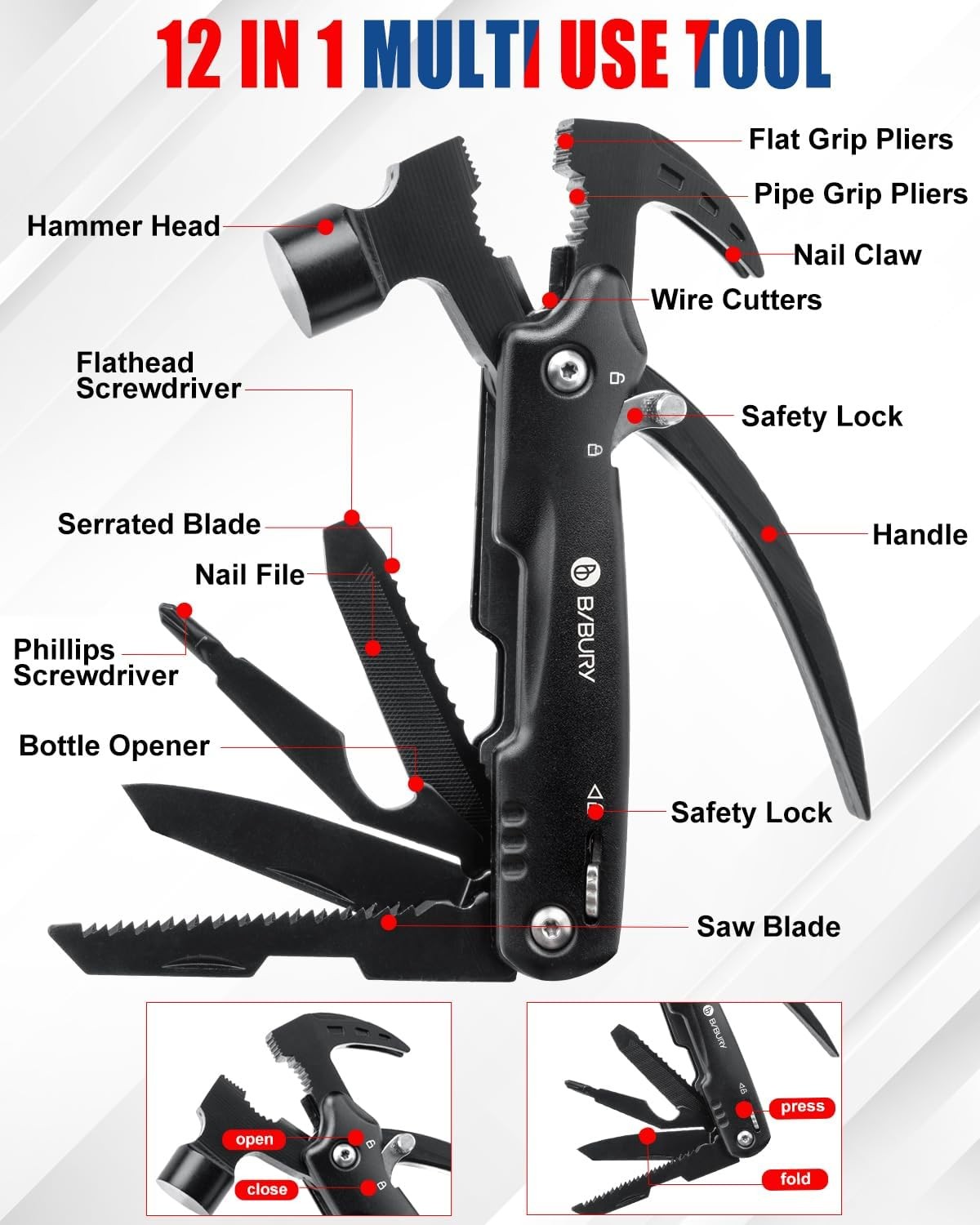 BIBURY Valentines Day Gifts for Him, 12 in 1 Multitool Hammer with Snowflake Too