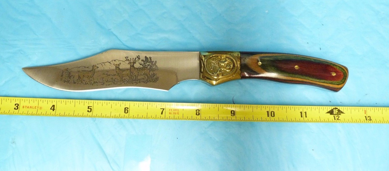 DEER HUNTER 10″ FIXED BLADE COLOR LAYERED WOOD HANDLE W/ BOX & LEATHER SHEATH #9