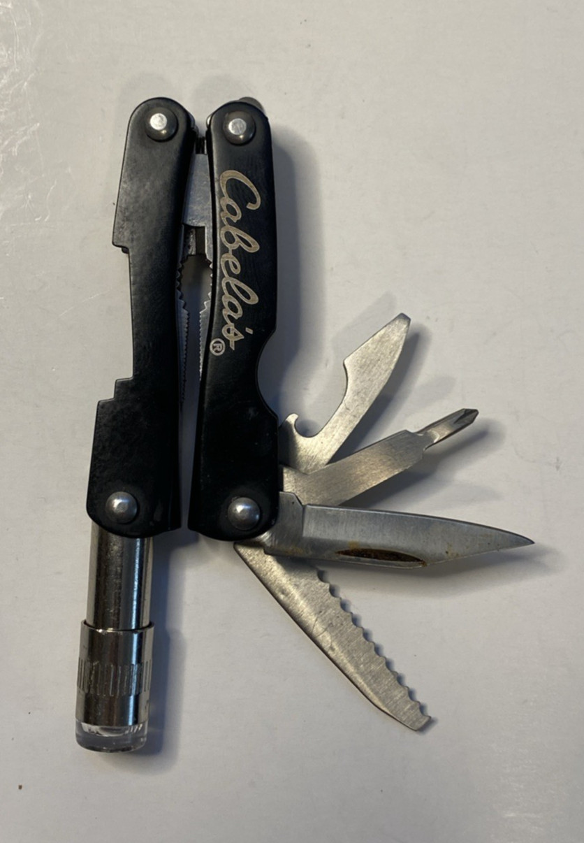 Cabela’s Black Mini Multi Tool Folding Pliers with LED Light(tested) No Sheath