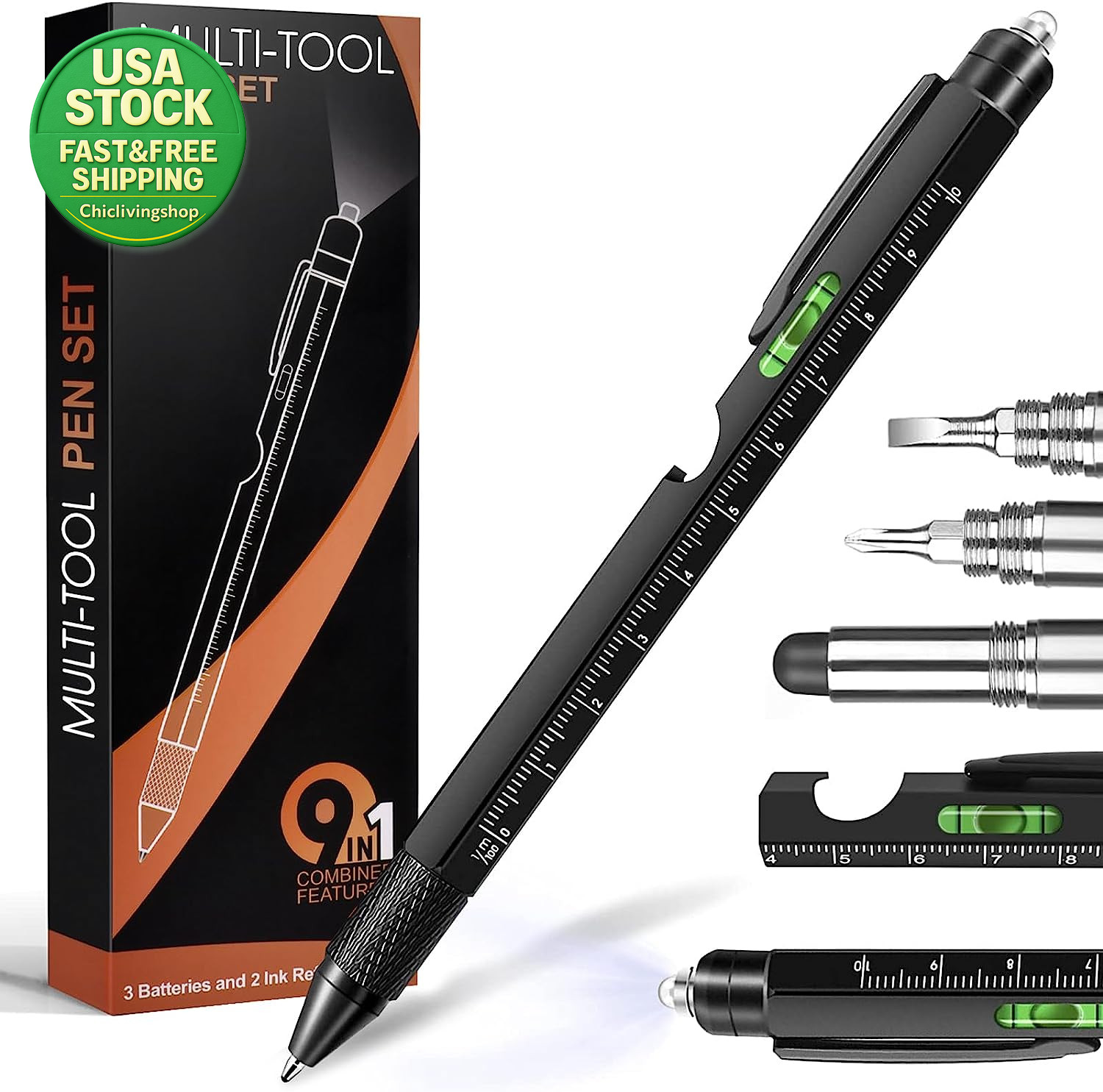 9 in 1 Multitool Pen Gifts for Dad Husband Men Tools Gadgets Black