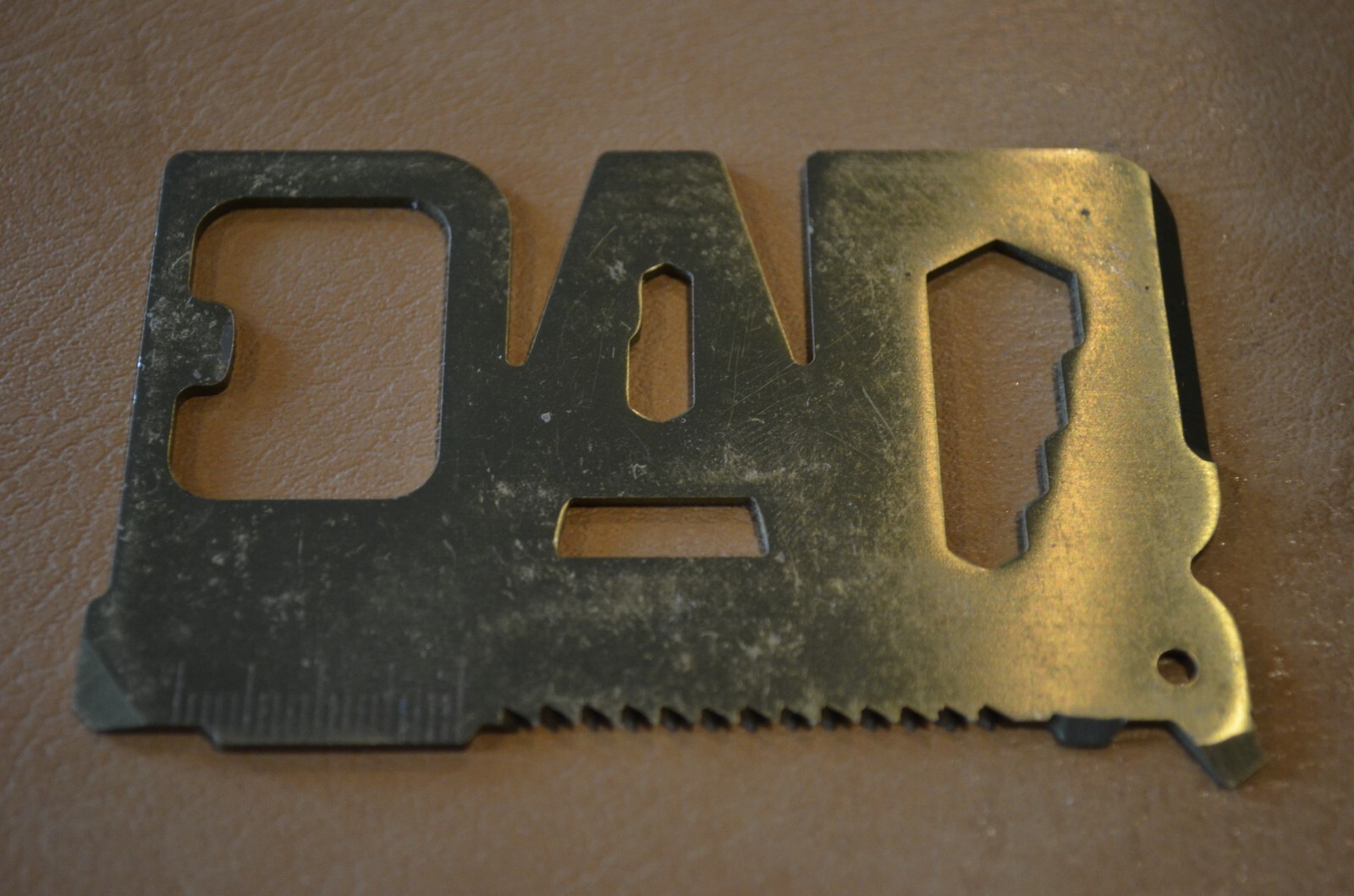 Wallet Size Multi Survival Tool Metal Thin Larger Size, Gold Tone Hunting Camp