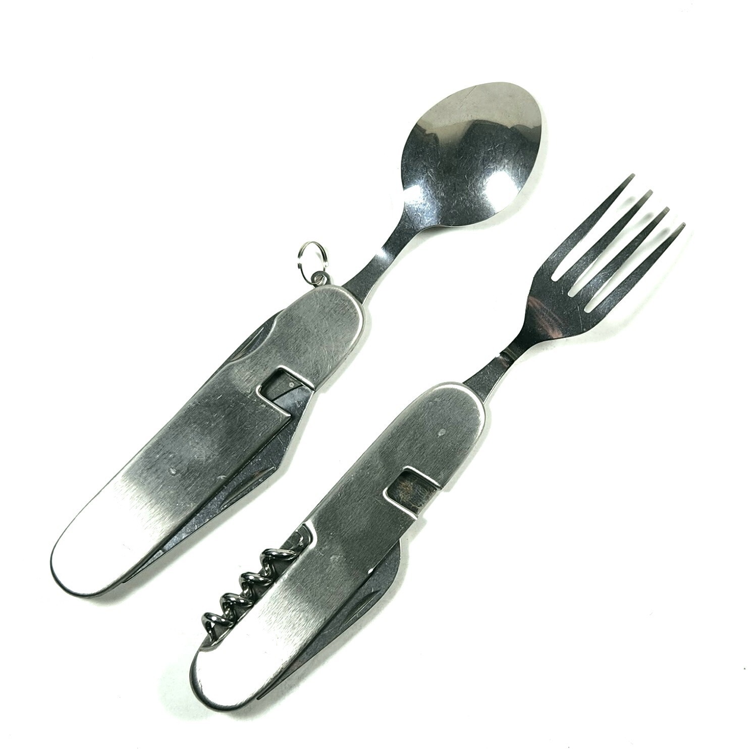 Hobo Camping Pocket Knife Fork & Spoon Can & Bottle Opener Cork Screw Utensil