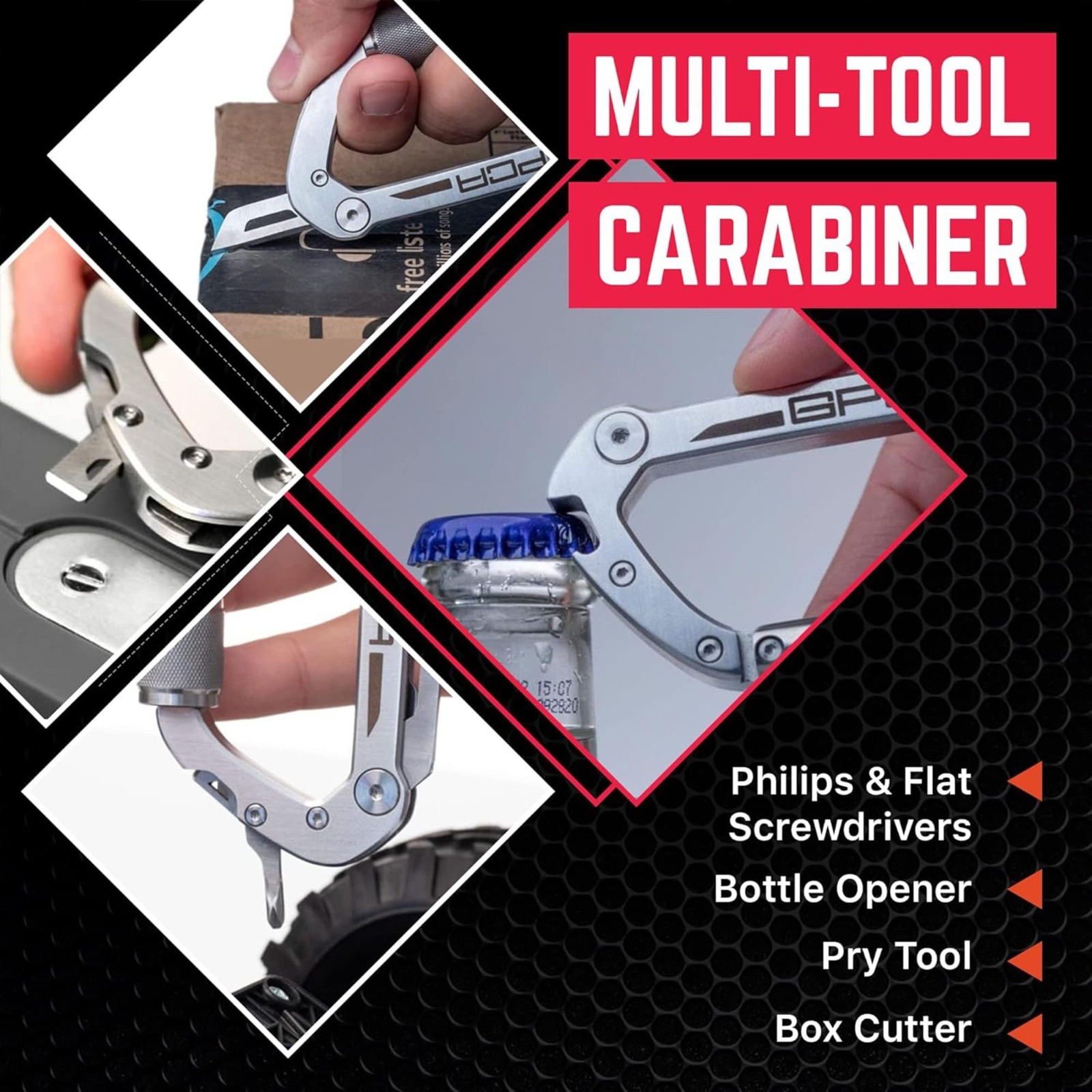 Heavy Duty Carabiner Multitool Key Clip – Bottle Opener, Screwdriver, EDC Gear,