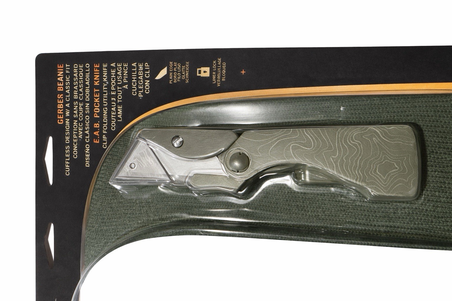 Gerber E.A.B. Pocket Knife Stainless Steel Handle Utility Blade Green Beanie Set