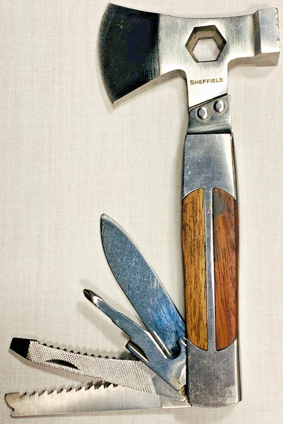 Sheffield 12-in-1 HATCHET / AXE MULTI TOOL Saw Blade Folding Knife CLEAN! NICE!
