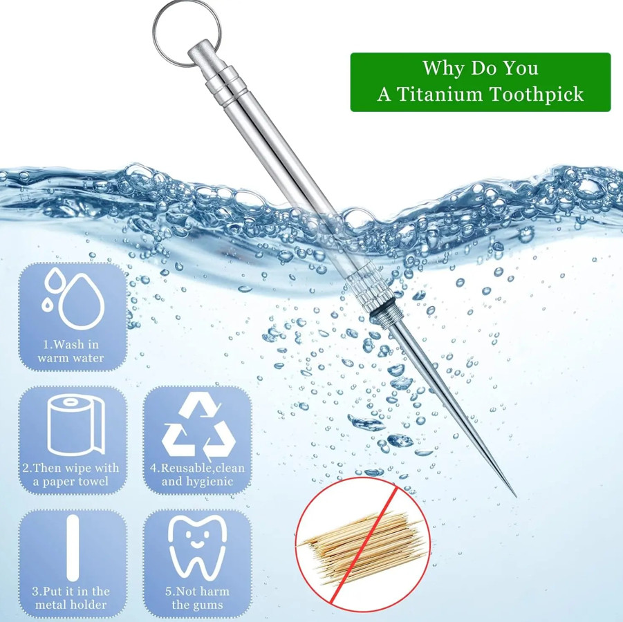 1pc Titanium Portable Toothpick Keychain Reusable Pocket Toothpick Holder – NEW