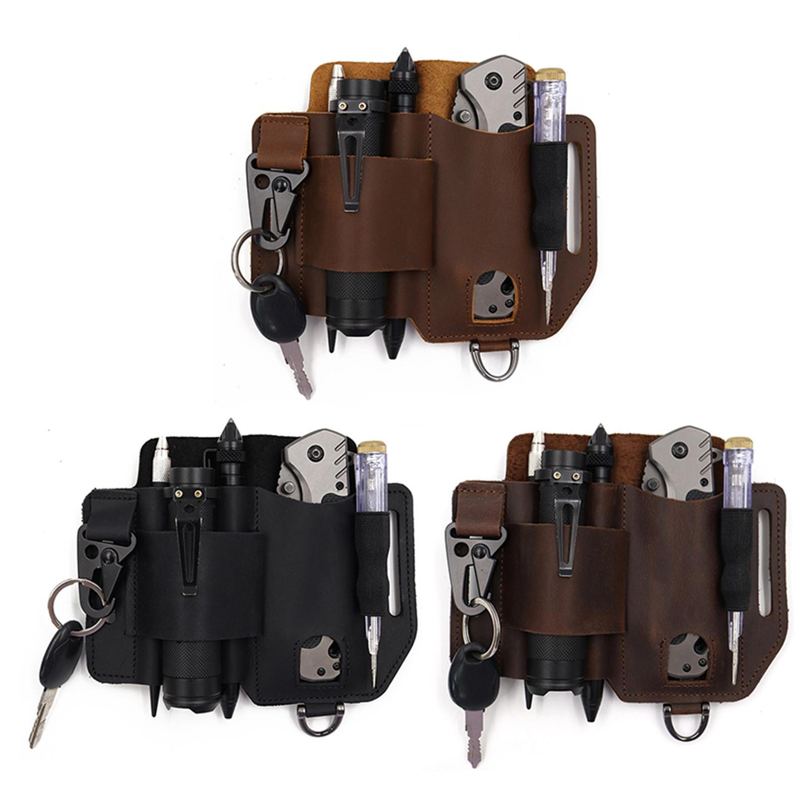 EDC Leather Sheath Holster Multitool Belt Organize Flashlight Pen Keychain Pouch