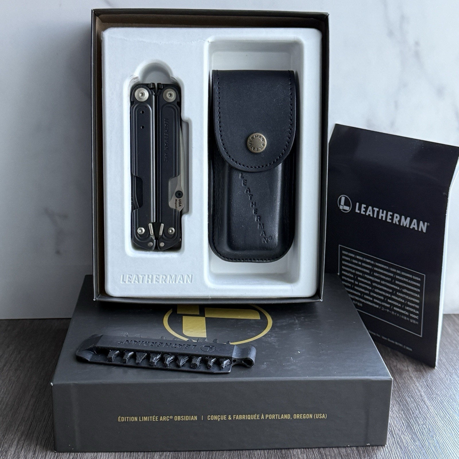 Leatherman Arc Obsidian Multitool. Limited Edition w/Leather Sheath. Opened Box