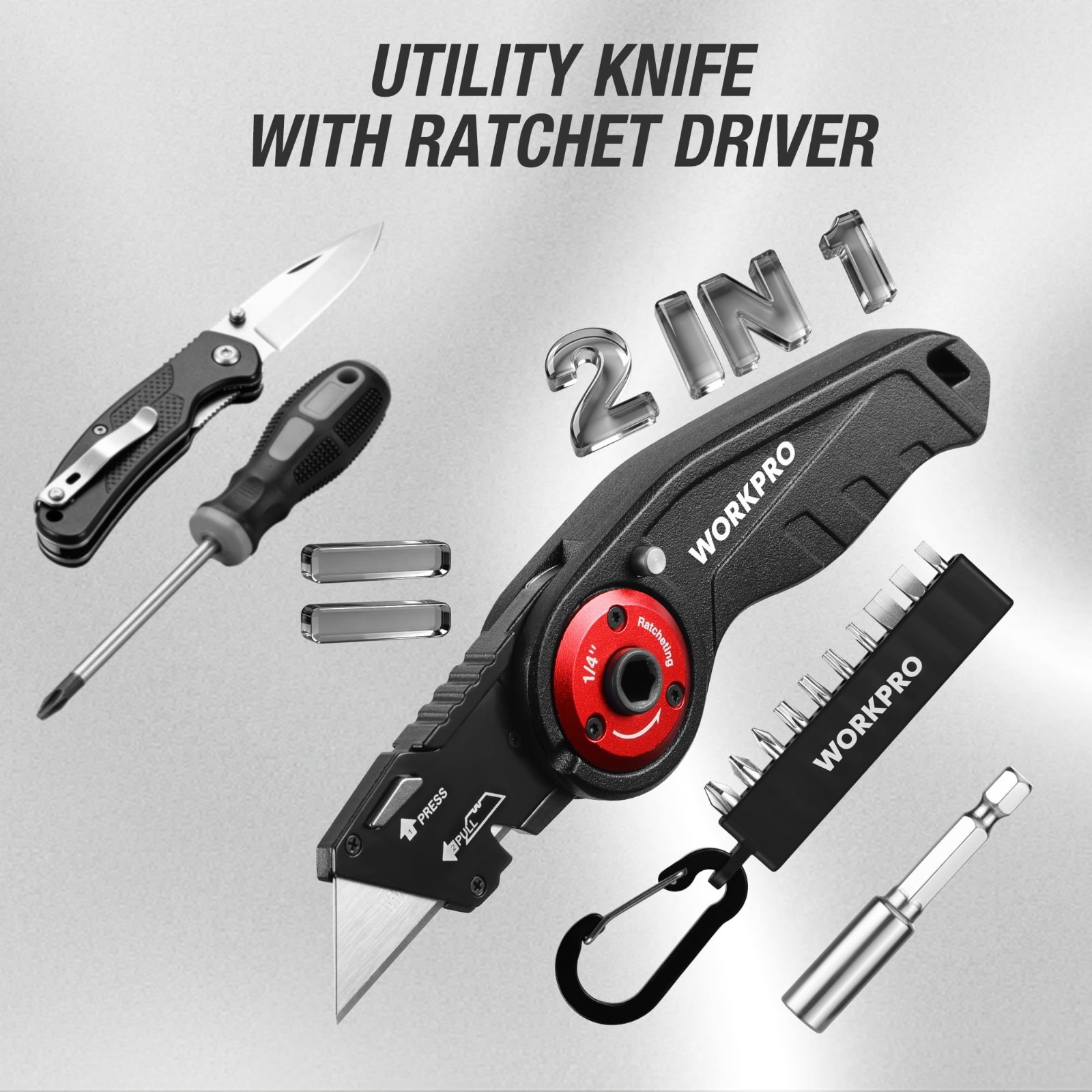 2-in-1 Folding Utility Knife & Ratcheting Screwdriver, Heavy Duty EDC Tool, Quic