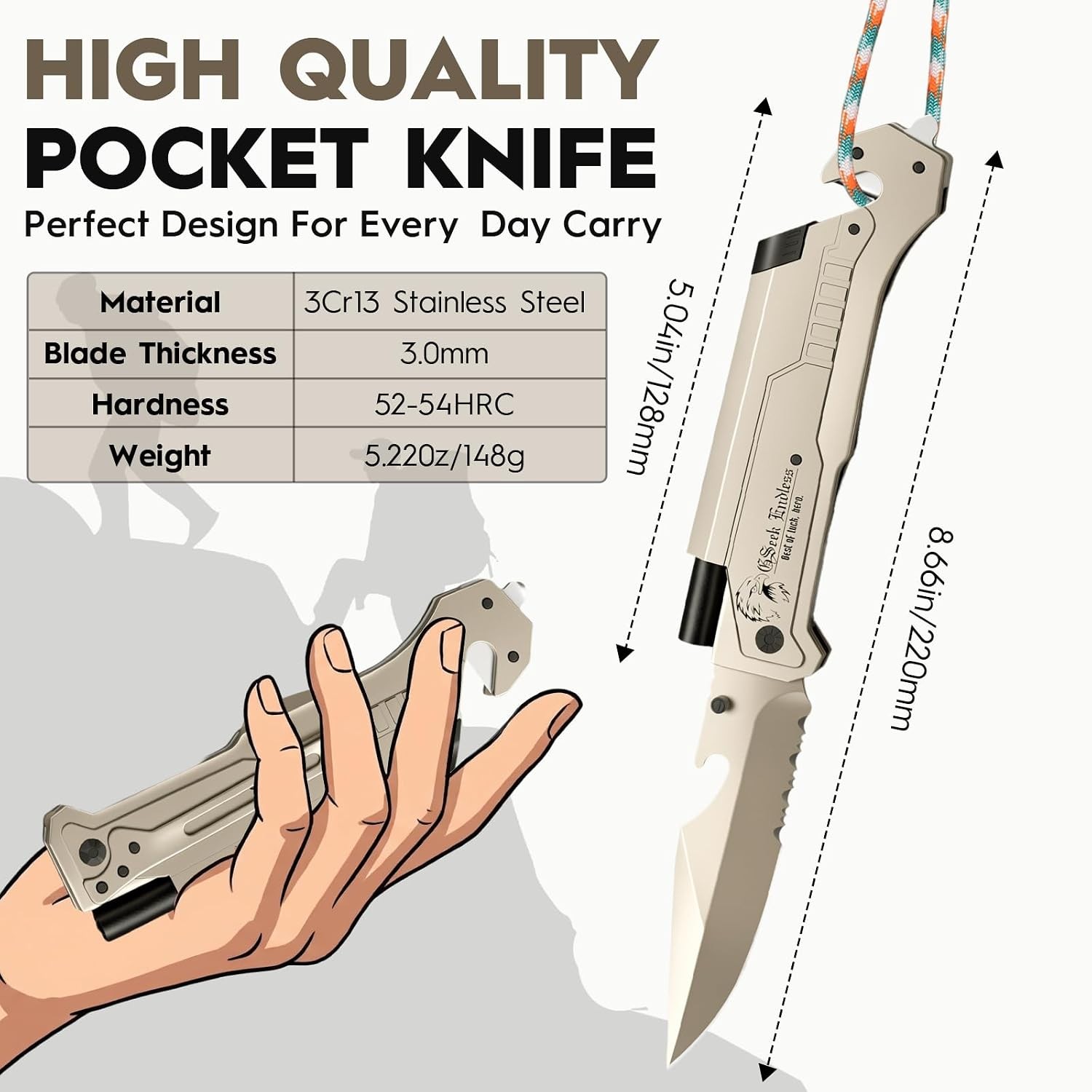 7-in-1 Multitool Folding Pocket Knife – EDC Survival Knife with LED Light, Se…