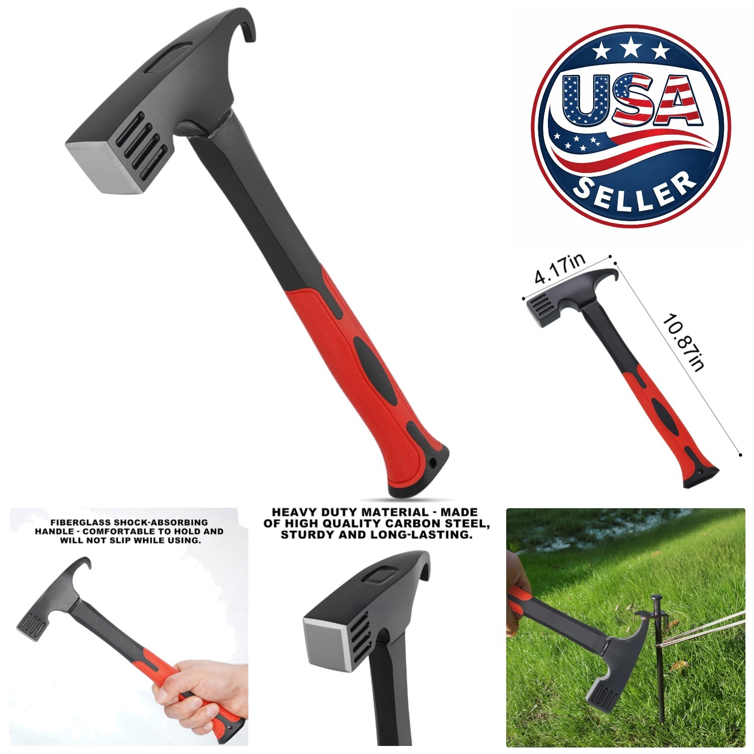 OutdoorPro 10.8″ Heavy-Duty Camping Hammer & Tent Stake Remover – Durable Steel