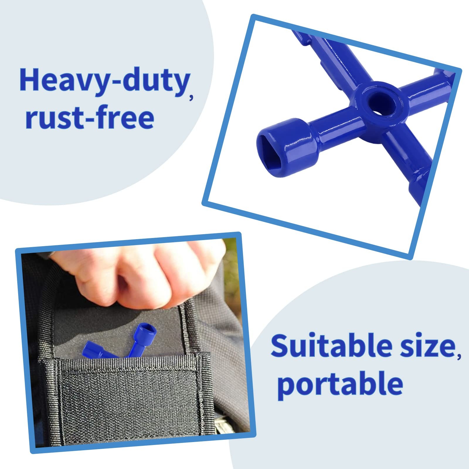 3 Pack 4-Way Utilities Key, Zinc Alloy, Triangle/Square Wrench, Water, Gas, Blue