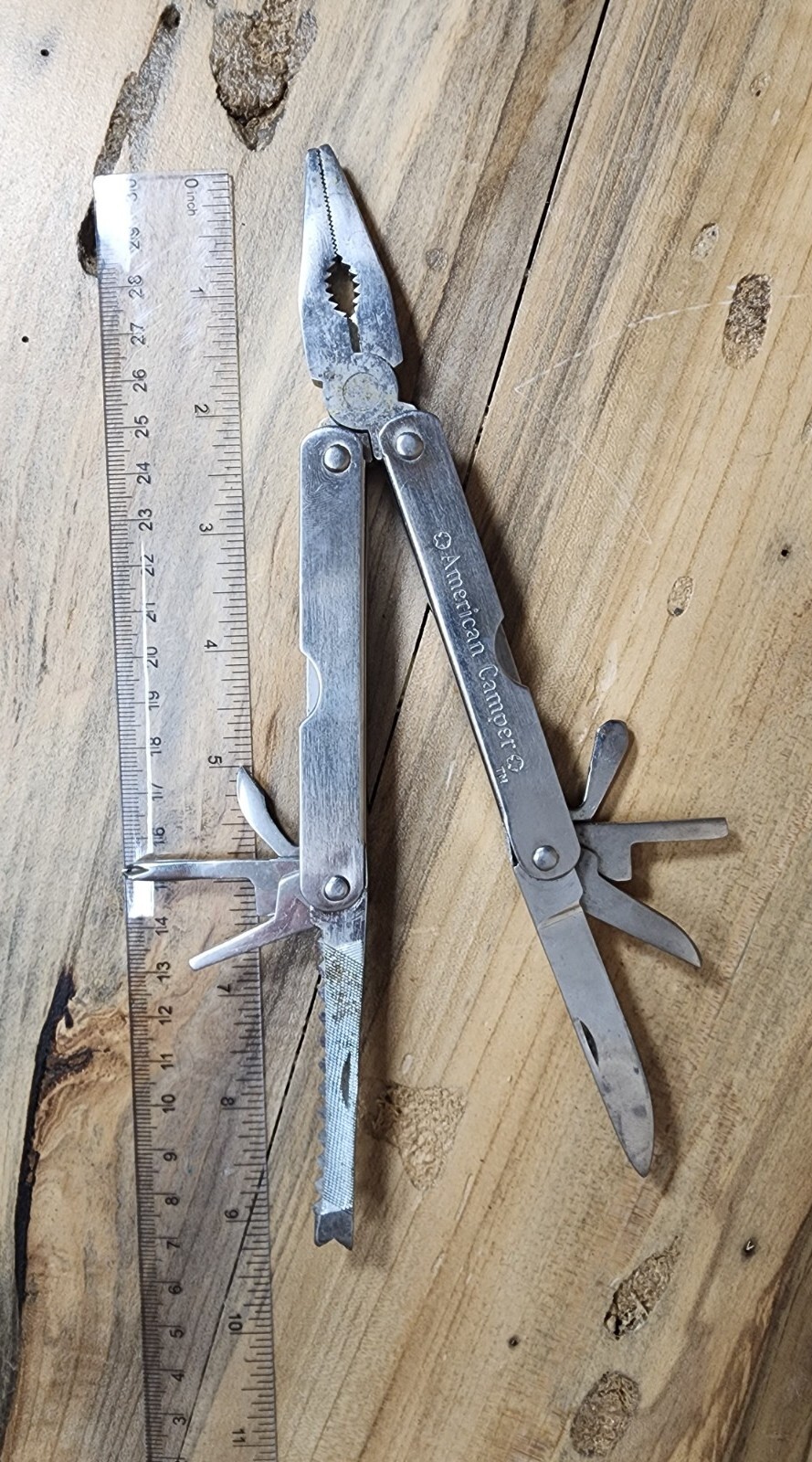 American Camper Multi-Tool Pocket Knife Pliers Silver – Brown Leather Case T161