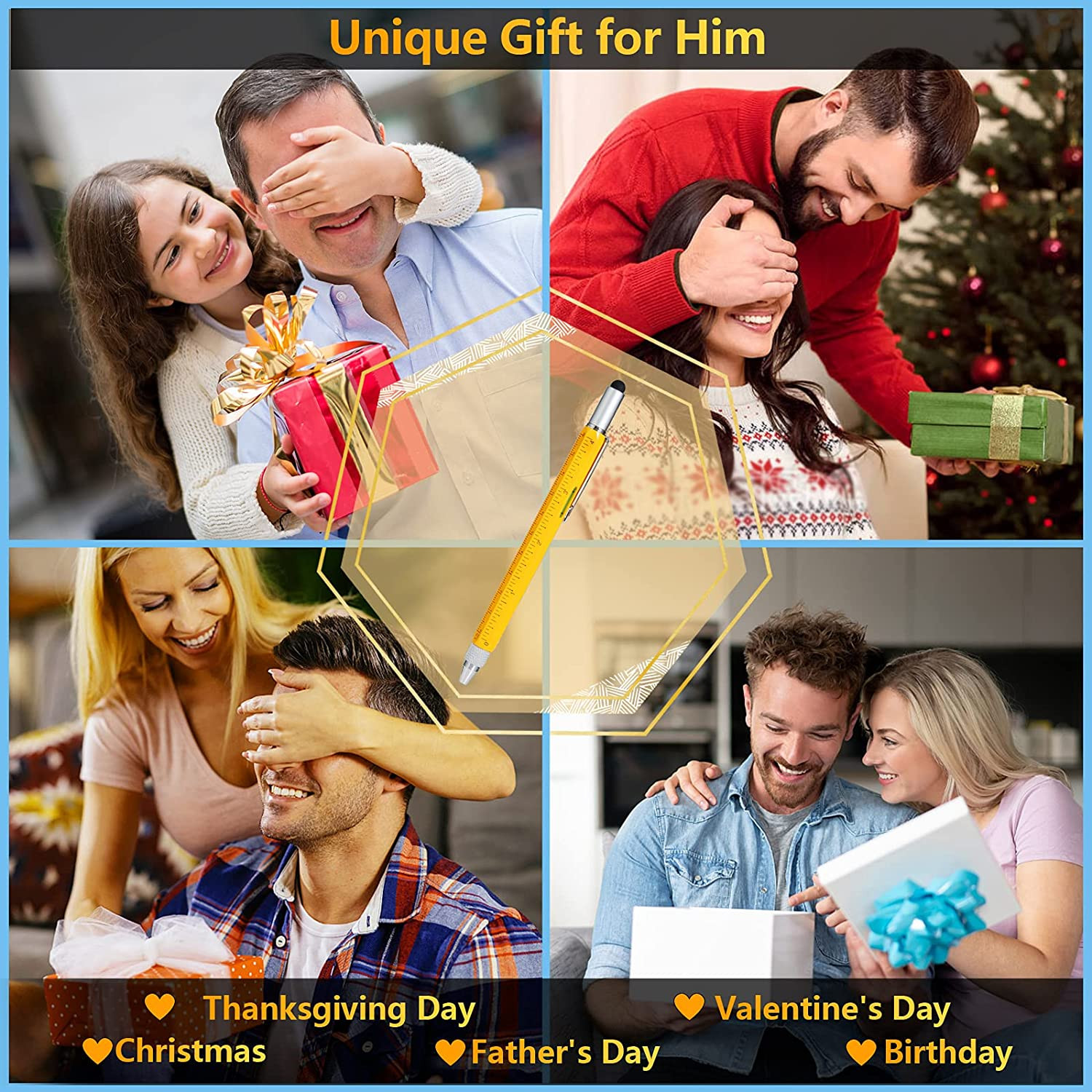 Novelty Gifts 6 in 1 Pens for Men, Multi Tools Pen EDC Unique Gadget As