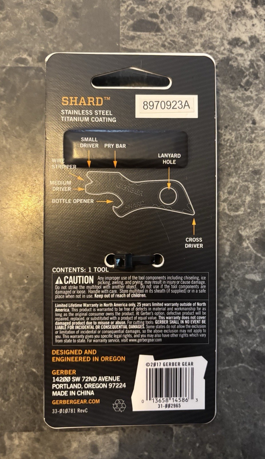 Gerber Shard Key Chain Tool 7-in-1 Black Stainless Steel Titanium, Lanyard Hole